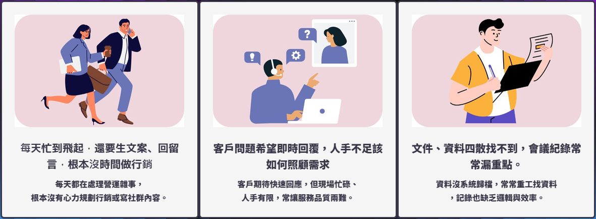 每天忙到飛起，還要生文案、回留言，根本沒時間做行銷 客戶問題希望即時回覆，人手不足該如何照顧需求。 文件、資料四散找不到，會議紀錄常常漏重點。 ​​​​​